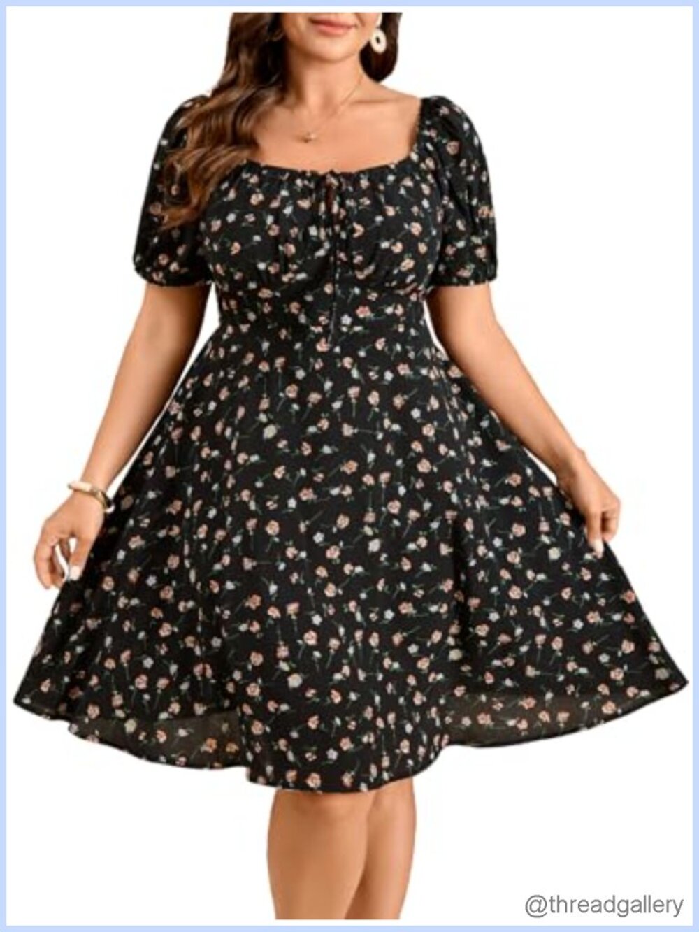 Plus Size Floral Mini Dress Square Neck A-Line Milkmaid Summer Casual
